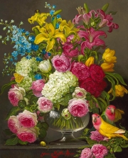 Floral with Pink and Yellow Love Birds