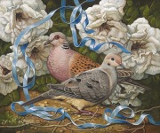 Doves with Flowers and Ribbon